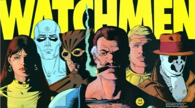 [De gauche à droite : Spectre Soyeux II, Dr Manhattan, Le Hibou II, Le Comédien, Ozymandias et Rorschach]